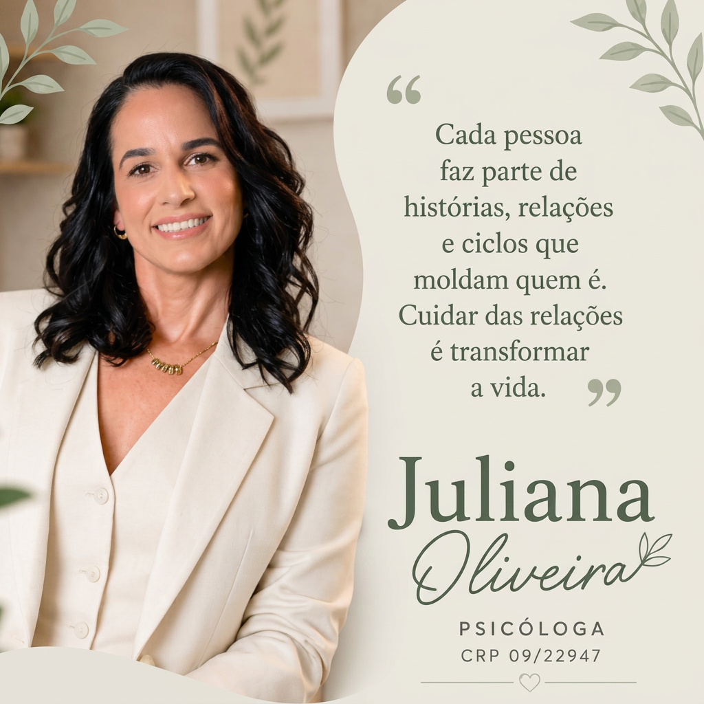 Arte do bloco inicial com Juliana Alves de Oliveira, frase de acolhimento, assinatura Juliana Oliveira e CRP 09/222947